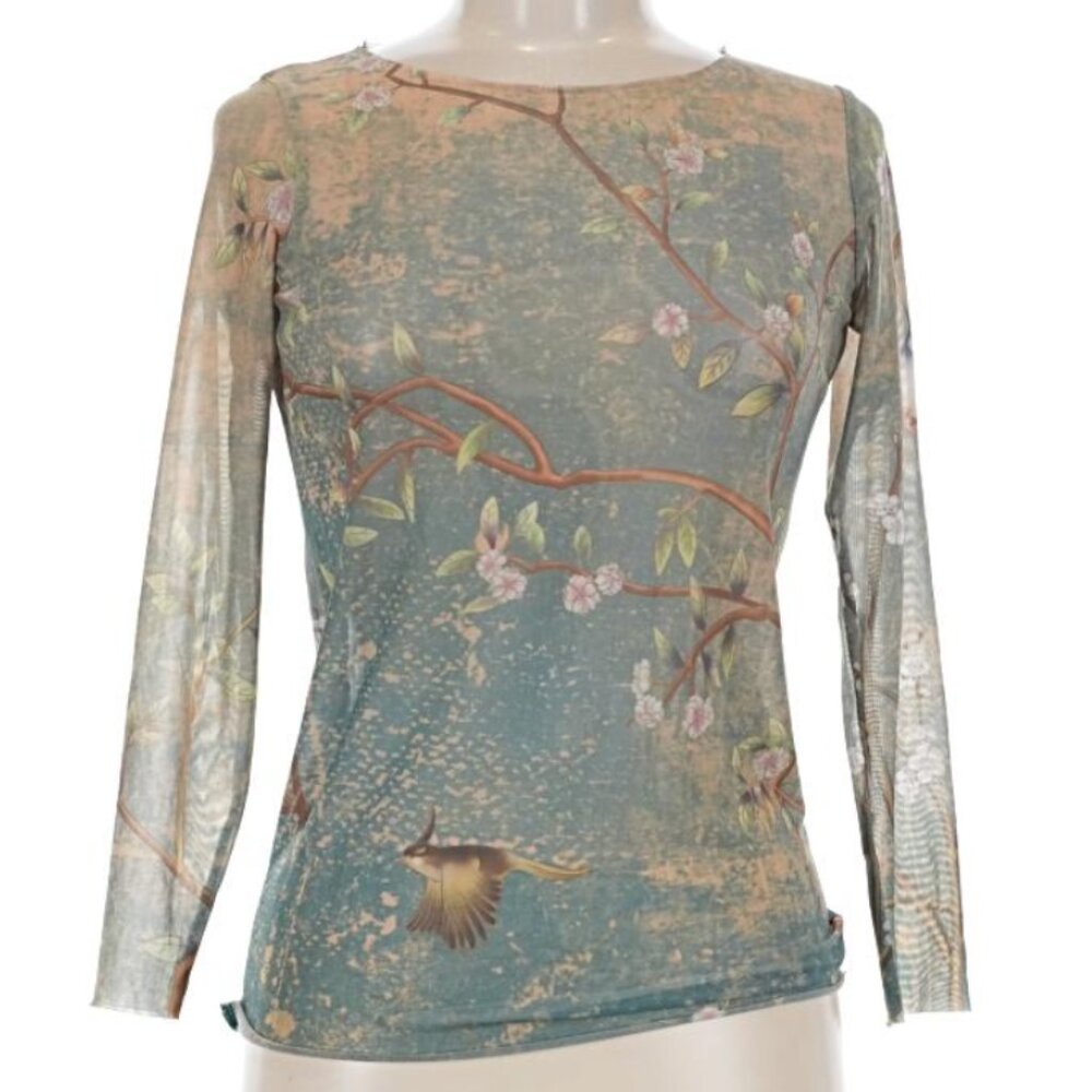 La Piel by AMB Japanese Garden Print Nuditee Sheer Top Long Sleeve RARE S M OS
